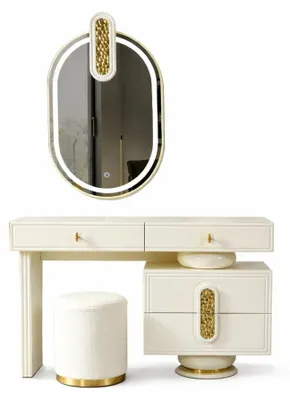 Produktbild von Schlafzimmer Set Modern Weiß Bett Goldeinsätze Schminktisch Nachttisch