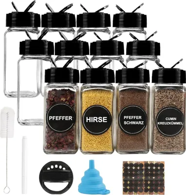 Produktbild von 12er Glas Gewürzdosen Set mit Trichter und Etiketten, 120ml Quadrat Gewürzgläser Schwarz Deckel