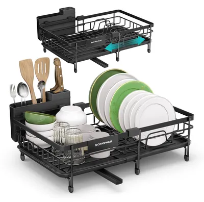 Productafbeelding van SONGMICS Afdruiprek voor servies, afdruipbak, (30,2-46,5) x 30,4 x 14 cm – Inktzwart, afmetingen (30,2-46,5) H x 29,6 B x 14 D cm