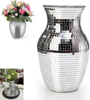 Produktbild von Discokugel Vase,Discokugel Blumentopf,Glitzer Silber Glas Spiegel Vase,Discokugel Deko Hydroponik Propagation Station für Hochzeit,Geburtstag,Party