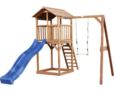 Imagen del producto de AXI Beach Tower torre de juegos de madera en marron | Casa de juegos para ninos con Tobogan azul, columpio y arenero | Casa zancudo para el jardin