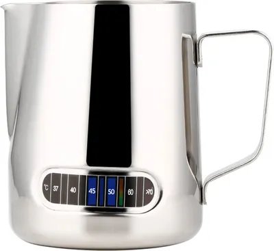 Produktbild von Espresso Dampfkruege Edelstahl Espressomilch Schaumkrug mit Thermometer Kaffeemilch Schaumbecher Kaffee Dampfkrug 600ml Barista Krug Milchbecher