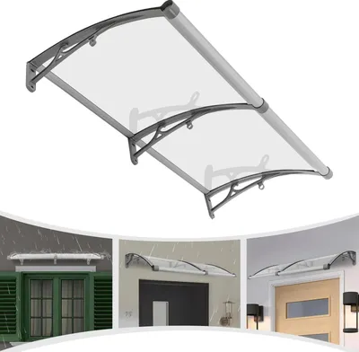 Immagine prodotto di Tettoia per porte e finestre - Tettoia archiata in alluminio - 120×60 cm - Copertura trasparente con canaletta di scolo - Per una superficie di 5–10 m² - Argento