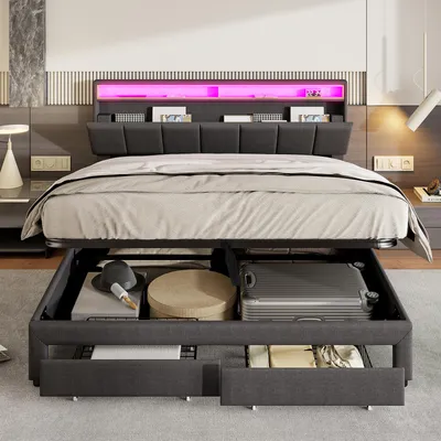 Image de Lit rembourré UnboxG 160x200 cm avec éclairage LED, lit avec rangement et 2 tiroirs, revêtement en lin gris, lit double avec sommier à lattes