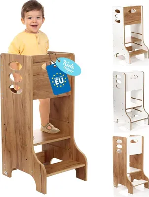 Imagen del producto de Silecomplaza, escalera de aprendizaje para niños en la cocina, a partir de 1 año - Escalera de aprendizaje Montessori de altura ajustable, color roble, 90 cm - Torre de aprendizaje segura para niños - Ideal para la cocina y el baño - Estructura estable - Fácil montaje