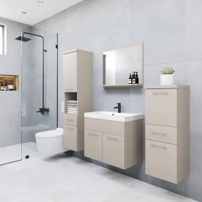 Immagine prodotto di MINIO go for it, set di mobili da bagno, ALO, con lavabo – Set di mobili da bagno in stile moderno con ampio spazio contenitivo, colore beige cashmere