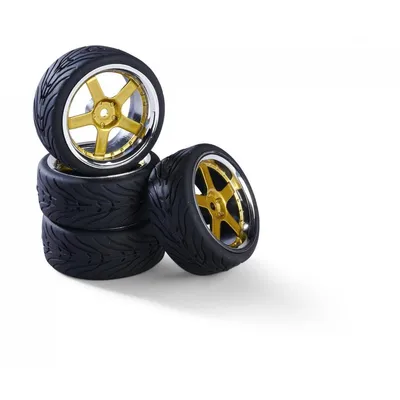 Produktbild von Carson Reifen mit Felgen 1:10 Räderset 5 Speichen -Design (4) chrom/gold
