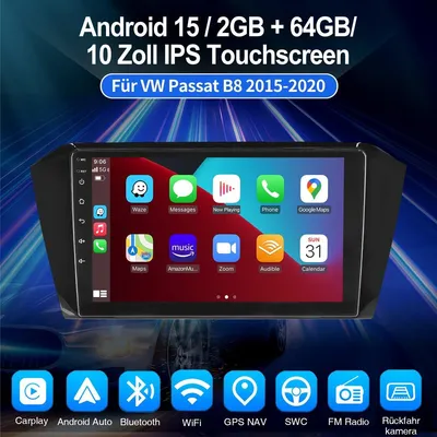 Produktbild von Autoradio 10 Zoll Touchscreen für VW Passat B8 2015-2020 Android 15 mit Carplay Android Auto Navi GPS WiFi Bluetooth Lenkradsteuerung 2GB RAM 64GB Speicher