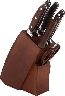 A knife block set with wooden handles and a wooden block.