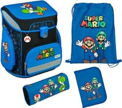 A collection of Super Mario themed school supplies including a backpack, drawstring bag, pencil case, and a folder, arranged on a white background.