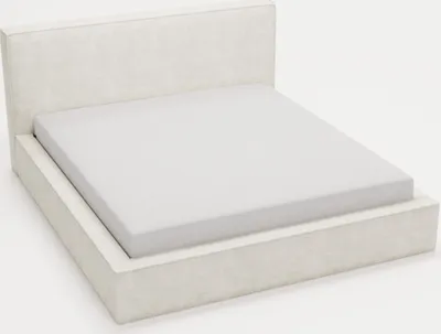 A white bed frame with a white mattress on a white background.