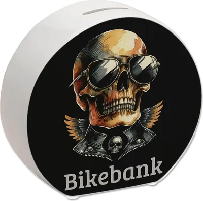 Produktbild von Rocker Totenkopf Spardose mit Spruch Bikebank