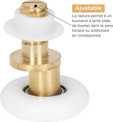 Close-up of a shower door roller with text overlay explaining its adjustability.
