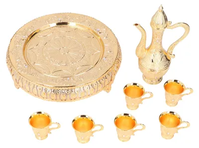 Türkische Kaffeekanne mit 6 Tassen, Metall, Vintage, Gold