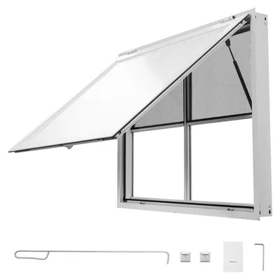 Immagine prodotto di Finestra di vendita per food truck SucceBuy, dimensioni 1220 x 915 mm, realizzata in lega di alluminio. Finestra per veicoli di vendita di cibo, inclinabile fino a 85°, dotata di 2 finestre fisse e 2 finestre scorrevoli, sportello di vendita apribile e protezione antipioggia