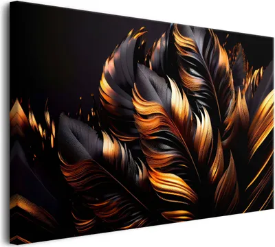 Produktbild von Modernes Wandbild für das Wohnzimmer – Schwarze Federn mit goldenen Akzenten – Glamourös & elegant 80x120cm