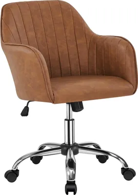 A brown office chair with a chrome base and wheels, shown on a white background.