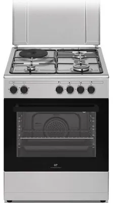 Image de CONTINENTAL EDISON CECM60FCS : Plan de travail de 59,8 cm, 3 brûleurs à gaz + 1 plaque de cuisson électrique, four à chaleur tournante de 66 litres, nettoyage catalytique, fonction air pulsé/gril, couleur argent