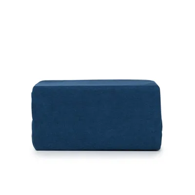 A blue rectangular object, likely a yoga block or a similar item, is centered against a white background.