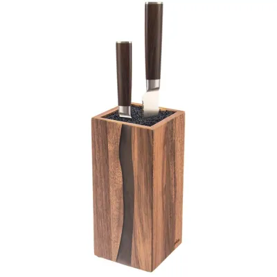 A wooden knife block with two knives inserted.