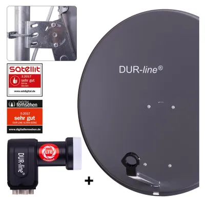 A satellite dish and LNB are displayed against a light gray background, with several marketing badges and labels.