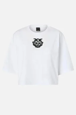 Zdjęcie produktu dla PINKO krótki T-shirt damski z haftem Love Birds biały Borghetto biały