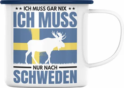 Produktbild von Trendation - Schweden Geschenk Ich Muss Gar Nix Ich Muss Nur Nach Schweden Emaille Tasse Geschenkidee Abschiedsgeschenk (Blau)