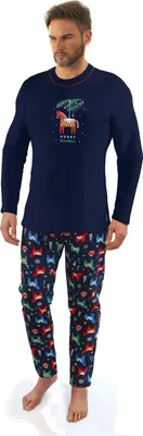 Produktbild von Sesto Senso Herren Baumwoll Schlafanzug - Weiche Weihnachts-Pyjama mit Print, Rundhals, Lange Ärmel, Lange Hose, Blau, 100% Baumwolle, Komfortabel für Weihnachten M