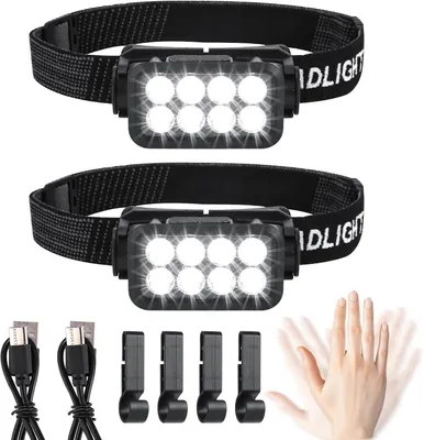 Produktbild von LED Stirnlampe 2er Set, 2500 Lumen, 5 Modi, Sensor, IPX6, leicht, wiederaufladbar