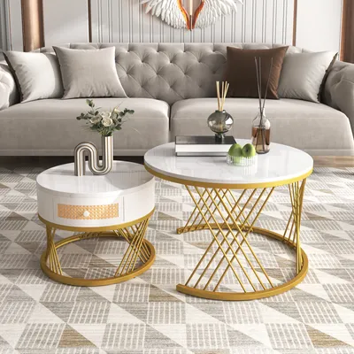 Zdjęcie produktu dla Fortuna-Lai zestaw 2 stolików kawowych stolik boczny o marmurowym wyglądzie z półką okrągły Ø70 x 45 cm i Ø50 x 38 cm stolik do salonu sofa stolik marmurowy drewniana rama stołu i szuflady plastikowy rattan , wykonany z metalu w kolorze złotym