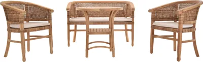 Produktbild von KRINES HOME Teak Wintergartenset Sitzgruppe 4 Personen 2 Teaksessel 1 Teak Zweisitzer Bank (Teak - Naturrattan)