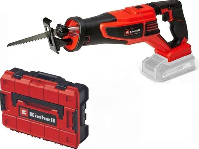 A red and black reciprocating saw with a blade and a red storage case. A greyed-out battery is attached to the saw.