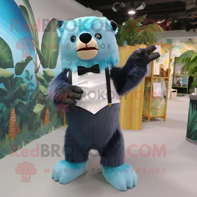 Produktbild von Cyanfarbener REDBROKOLY Faultier-Bär Maskottchen Kostüm charakter bekleidet mit einem Strampler und Fliegen