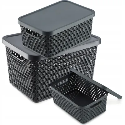 Produktbild von KADAX Aufbewahrungskorb, Korb mit Deckel, Aufbewahrungskiste, Aufbewahrungsbox aus Plastik (3er SET: 4,5L,12L,18L, Grau)