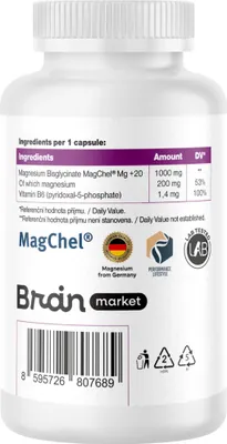 Obrázek produktu pro BrainMax Performance Magnesium 1000 mg, hořčík 200 mg, vitamin B6 P5P, 50 rostlinných tobolek