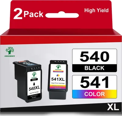 The image shows the packaging of two ink cartridges, one black and one color, with product information and branding.