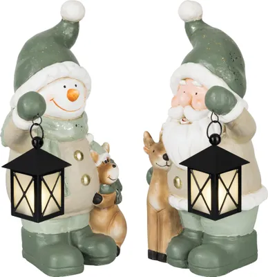 Produktbild von 2x Weihnachtsdeko Figuren 42cm Schneemann Weihnachtsmann Weihnachtsfiguren mit LED Weihnachten mit Timer Winterdeko Deko Figur mit Laterne