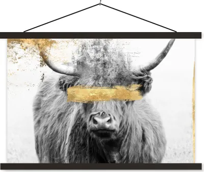 Produktbild von MuchoWow® Textilposter Schottisches Hochlandrind - Gold - Schwarz - Weiß 120x80 cm mit schwarzem Rahmen - Wanddeko