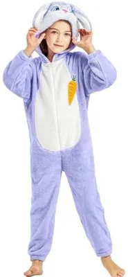 Immagine prodotto di Tuta per bambini in cotone - Costume da coniglietto per bambine dai 3 ai 12 anni - con cappuccio, ideale per Halloween e per giochi di ruolo