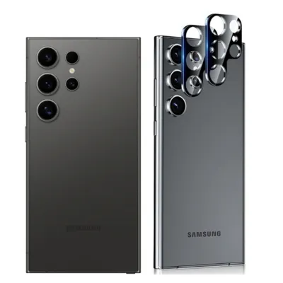 Two views of a smartphone's rear camera assembly, one showing the lenses and the other showing a protective lens cover.