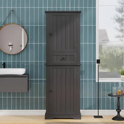 Image de Armoire de salle de bains Merax, armoire haute à 2 portes et 1 tiroir, buffet à étagères réglables, armoire de cuisine moderne, 56 x 28 x 167,3 cm, noir