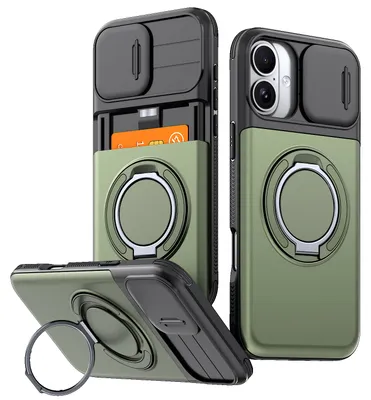 Produktbild von Handyhülle mit Kartenfach für iPhone 16, Schiebe Kameraschutz, Ringhalter Ständer, Stoßfeste Schutzhülle Grün