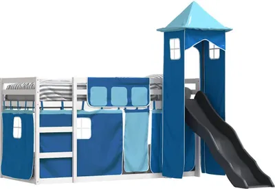 Produktbild von vidaXL Etagenbett mit Rutsche und Gardinen Blau 90x190 cm