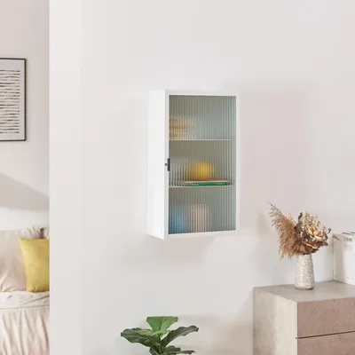 Produktbild von Hängeschrank 'Zundert' Wandschrank 60 x 35 x 15 cm mit geriffelter Glastür Stahl Weiß