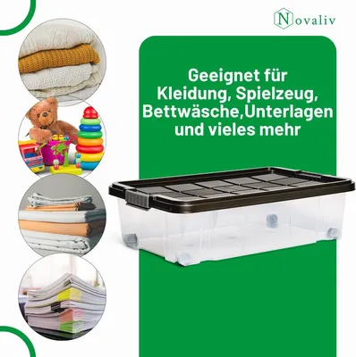 Produktbild von Novaliv 2x Unterbettkommode mit Rollen 28L Aufbewahrungsbox Deckel Anthrazit Nestbar stapelbare mit Clipverschluss Rollkiste BPA-frei 61x40x17 cm