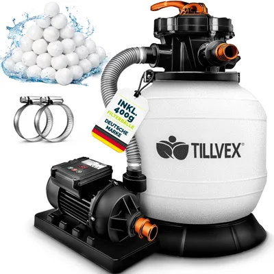 Image de Système de filtration à sable tillvex® pour piscine avec minuterie, débit 7 900 l/h, 400 g de billes filtrantes incluses | Système de filtration avec vanne à 7 voies et adaptateur 2 en 1 Ø 32 mm - 38 mm | Filtre de piscine avec manomètre | Filtre à sable pour piscine, blanc/orange