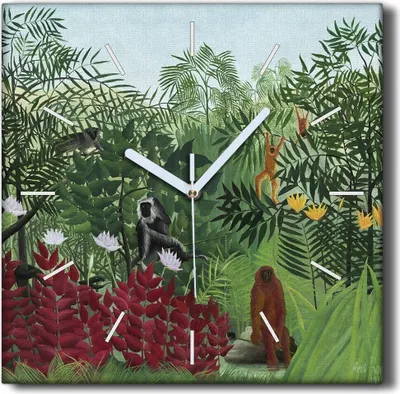 Produktbild von Coloray Hodiny Unikátní 30x30 cm  Tiché hodiny Pro obývací pokoj a kuchyň Nástěnné hodiny Plátno Černé ručičky hodin - Tropický les s opicemi