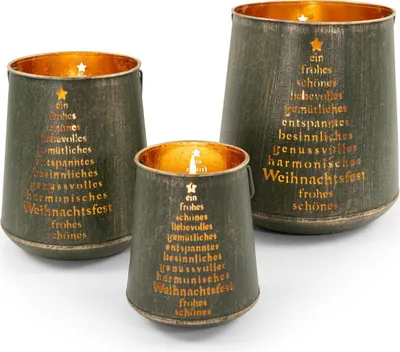 Produktbild von Laternenset 3er Set | Metall grün/gold | mit Weihnachts-Schriftzügen | 16418