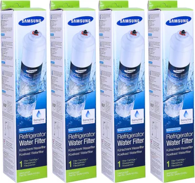Four boxes of Samsung refrigerator water filters are displayed side-by-side.