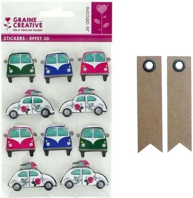 Produktbild von 10 3D-Aufkleber - Reisenwagen + 20 Wimpel Kraft Etiketten